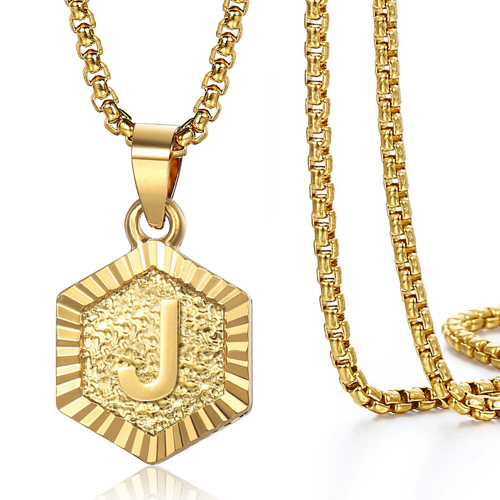 Hexagon Gold Plated Initial Necklace Letter Pendant Multi Chain Women Men Unisex