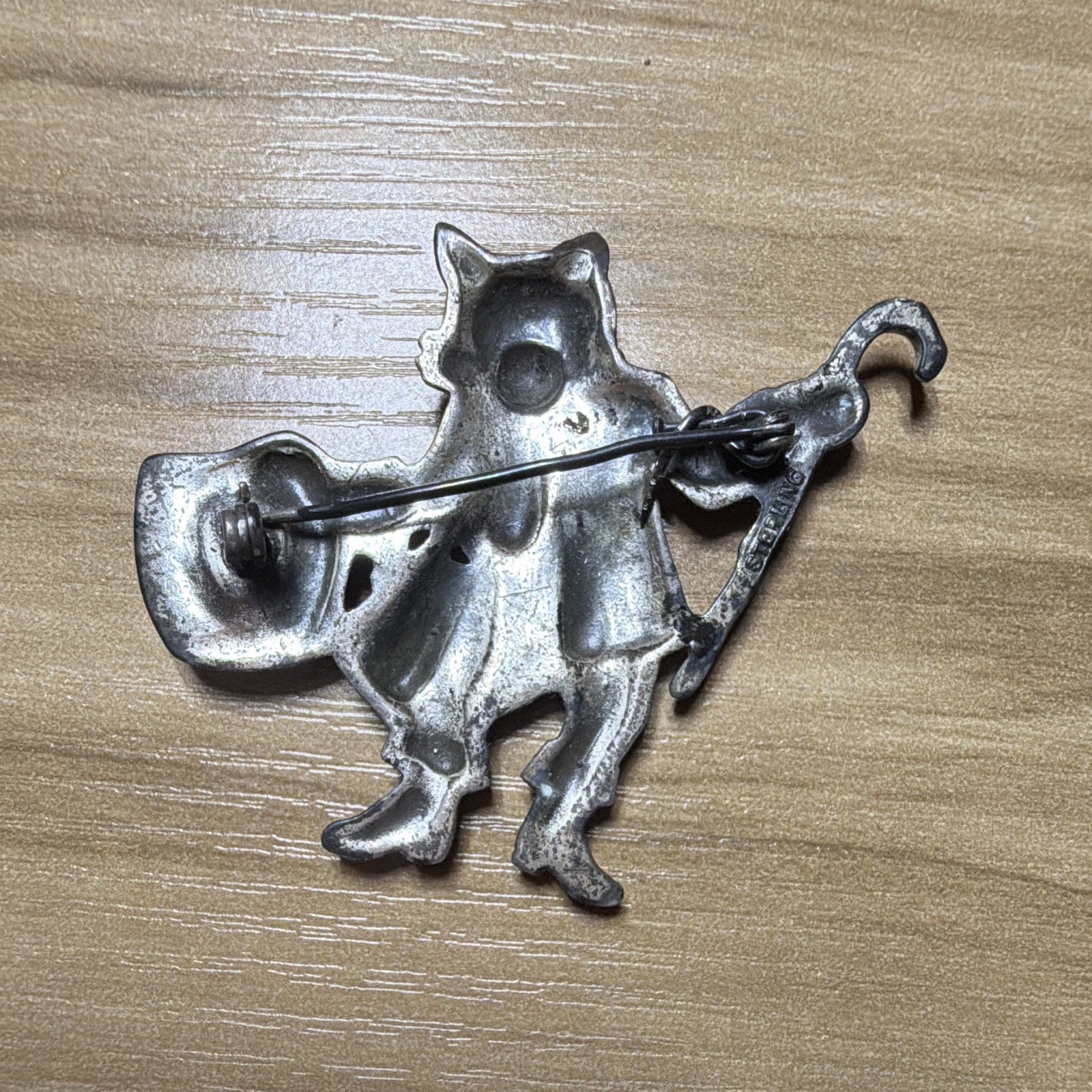 Vintage Brooch, Cat with a hat and cane, “Sterling” stamp