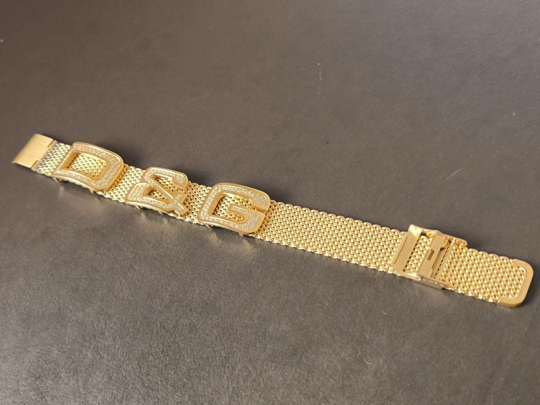 Dolce & Gabbana Bracelet Cuff Bangle Mesh Pattern Gold Logo Length: 9 in.