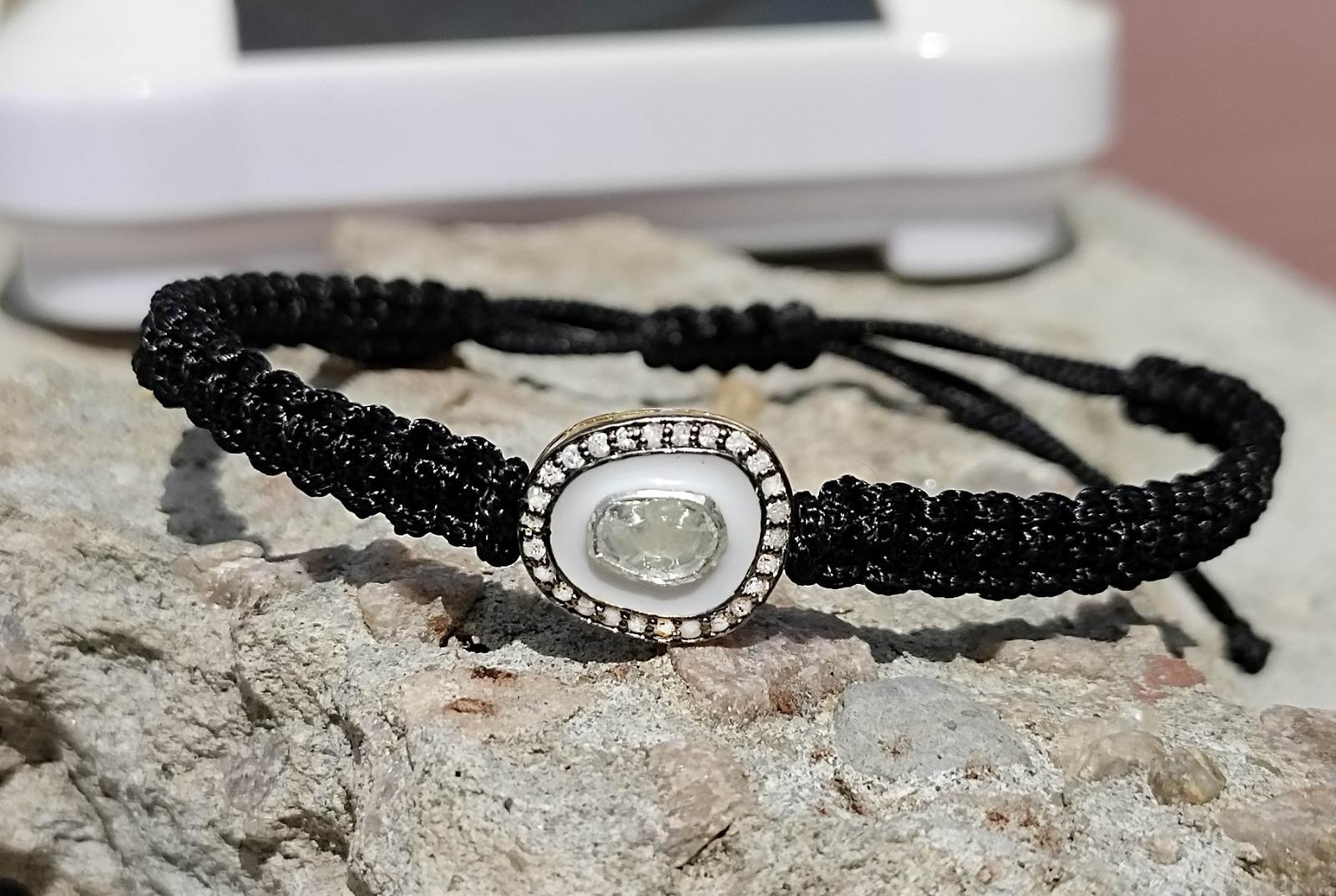 Natural Diamond White Enamel And Diamond Polki Adjustable Black Thread Bracelet.