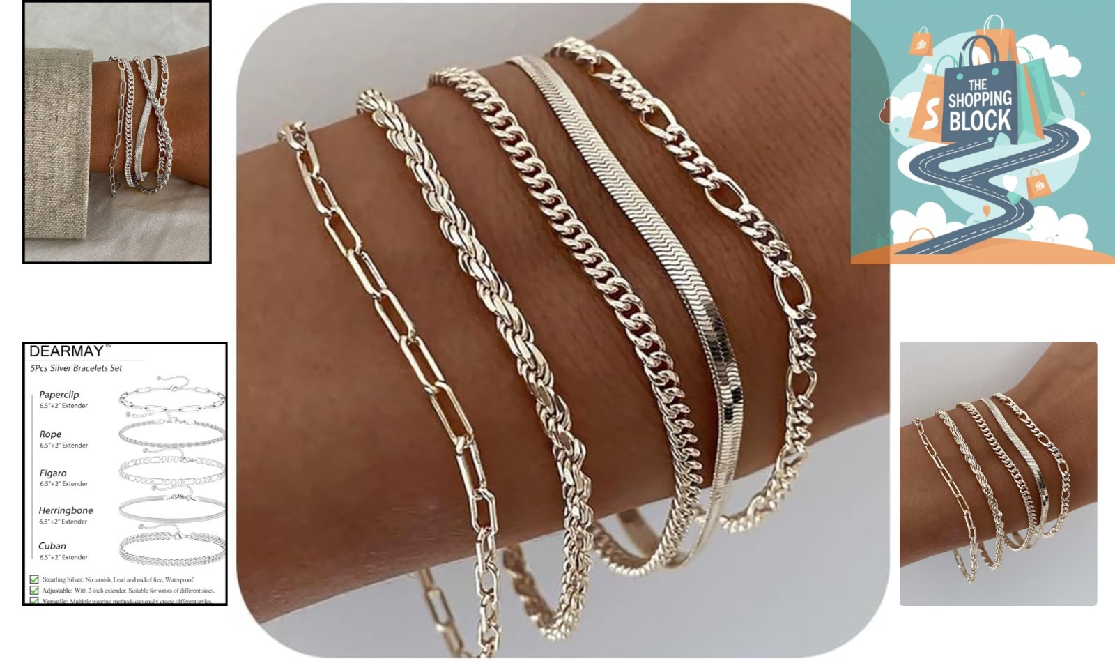 Gold Plated Women’s Bracelets Set, 5 Pcs, Adjustable, Pearl Jewelry
