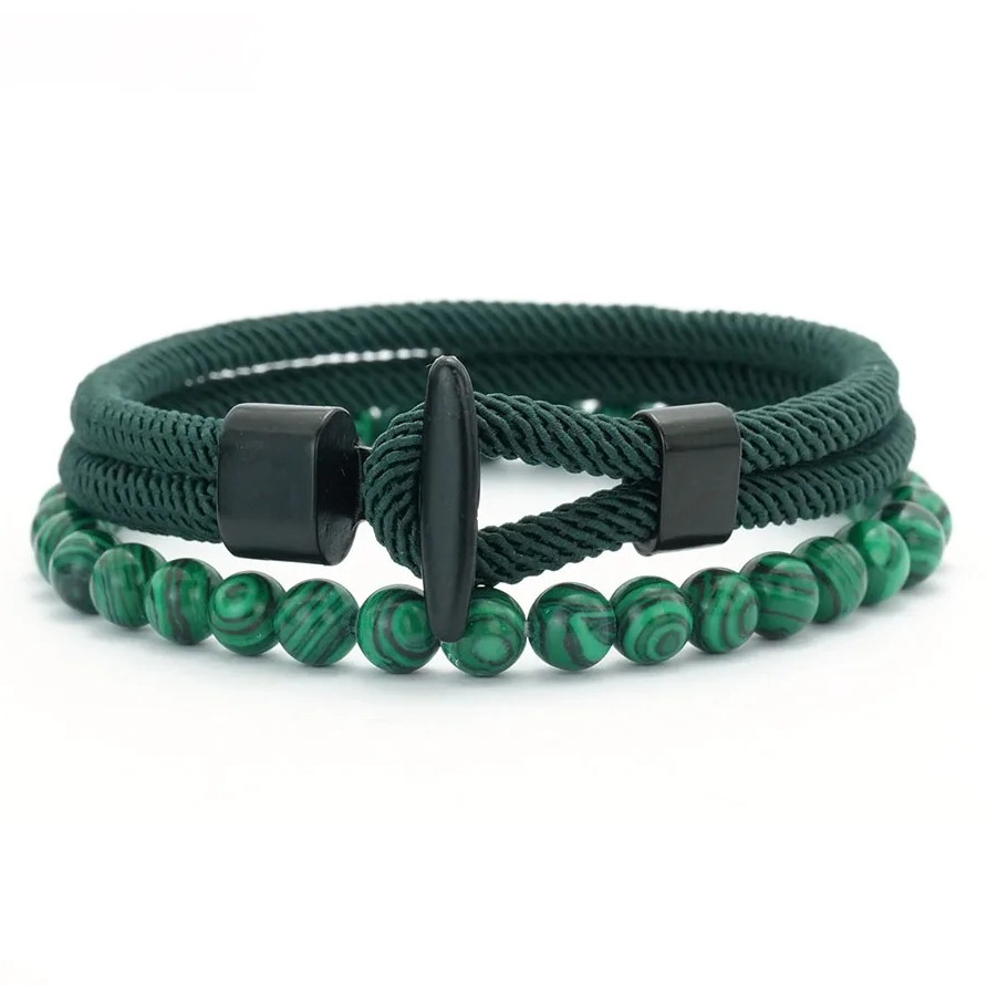 2PCS Men’s Beaded Rope Bracelet Set Tiger Eye & Malachite Stone Handmade Jewelry