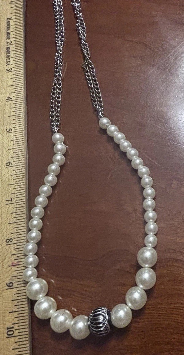 Costume Faux Pearl Necklace with Silver Tone Slide