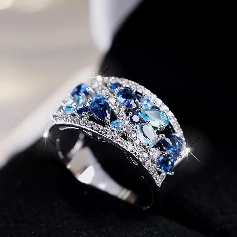 Elegant 925 Sterling Silver Blue White Topaz Wedding Engagement Ring Size 8