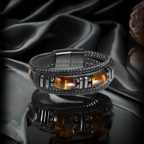 Tiger Eye Black Leather Bracelet Men Energy Crystal Stone Healing Reiki Gift