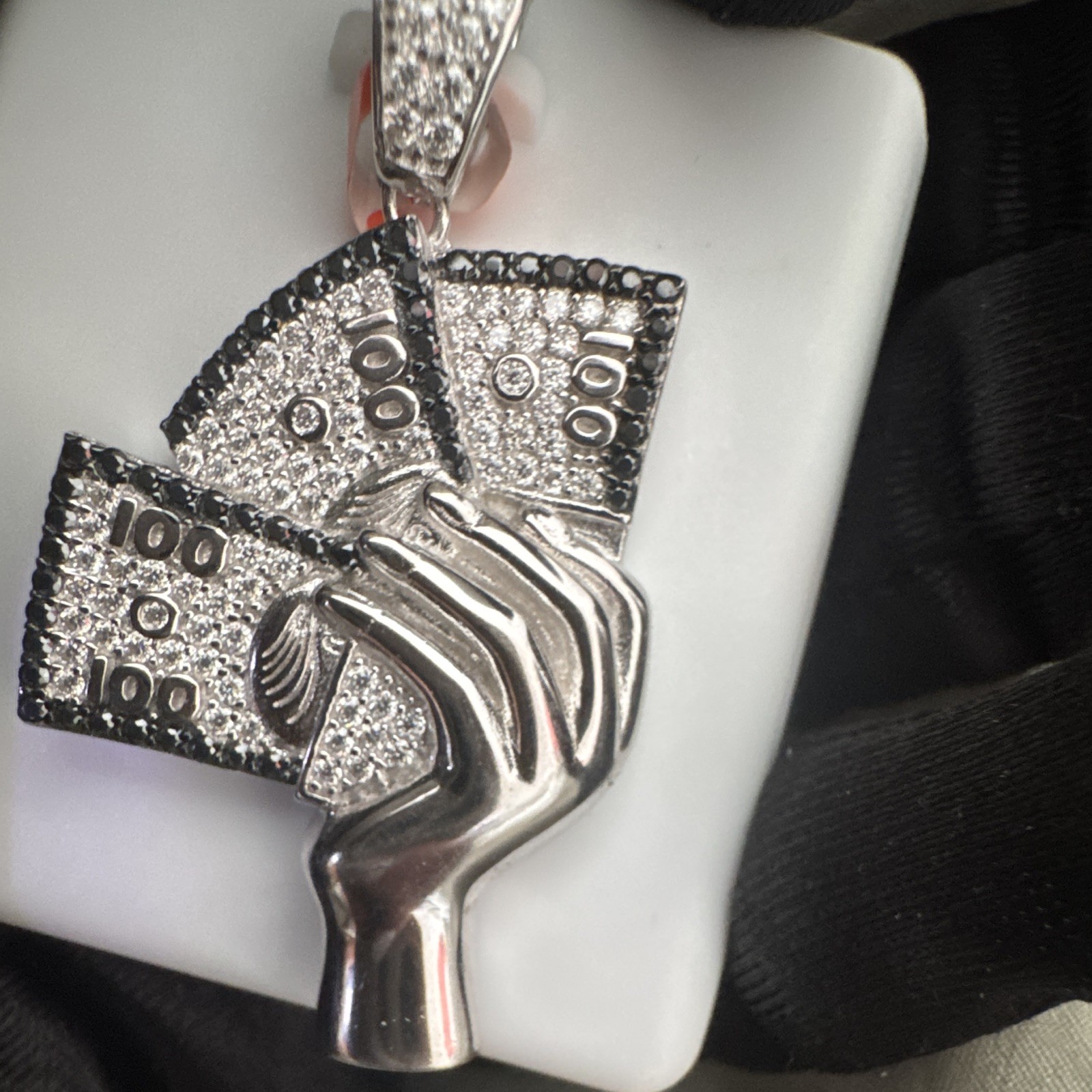 Silver Tone Iced Out Moissanite hand Holding Money Stack Charm Pendant