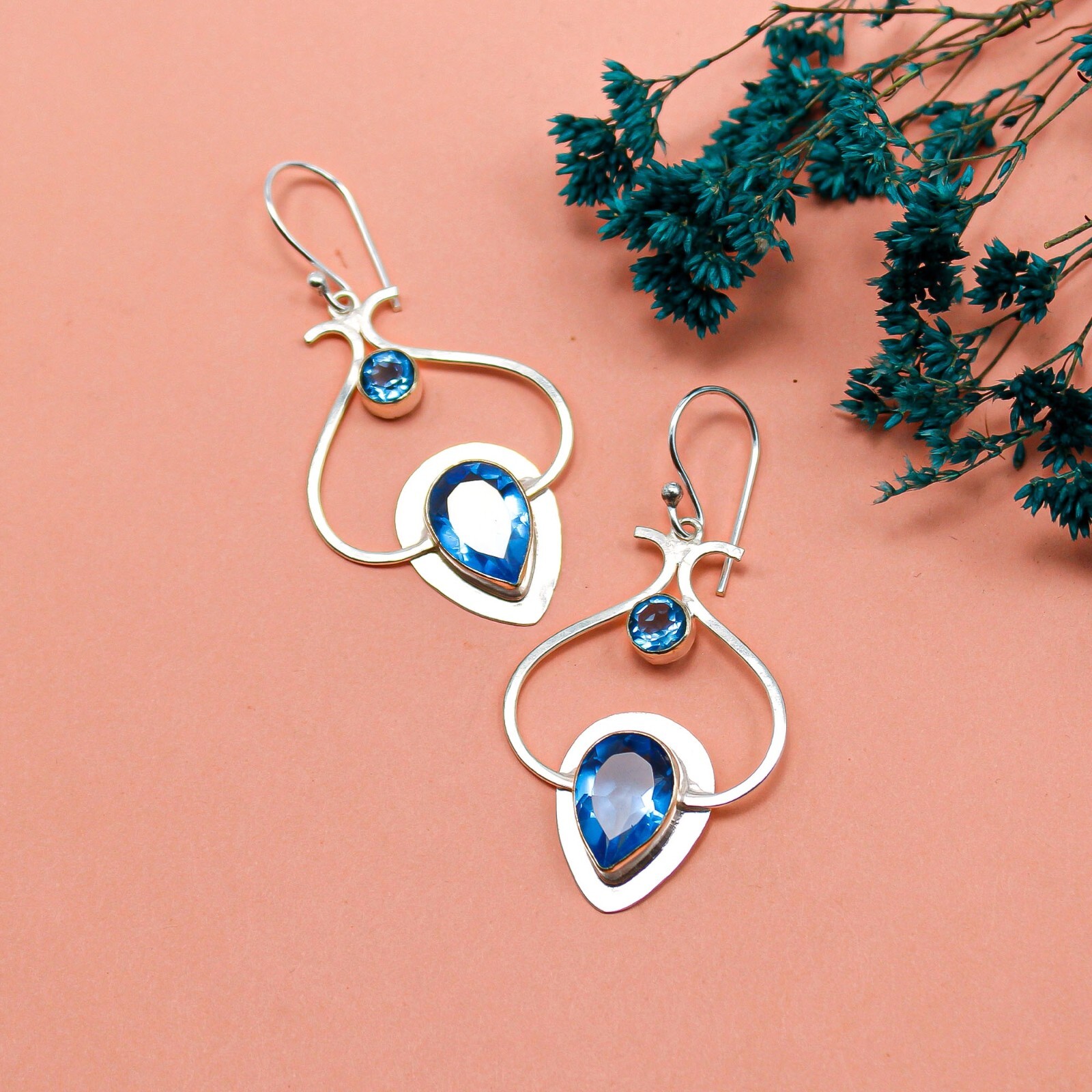 925Sterling Silver Apatite Gemstone Earrings Handcrafted Jewelry 2.2″ For Mother