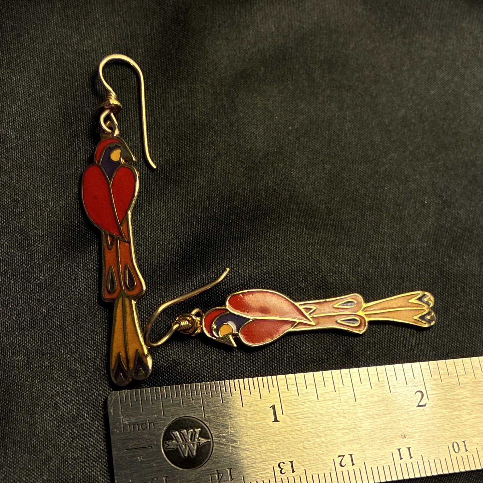 Laurel Burch Mayan Bird Enamel Hook Dangle Drop Earrings Gold Red Signed
