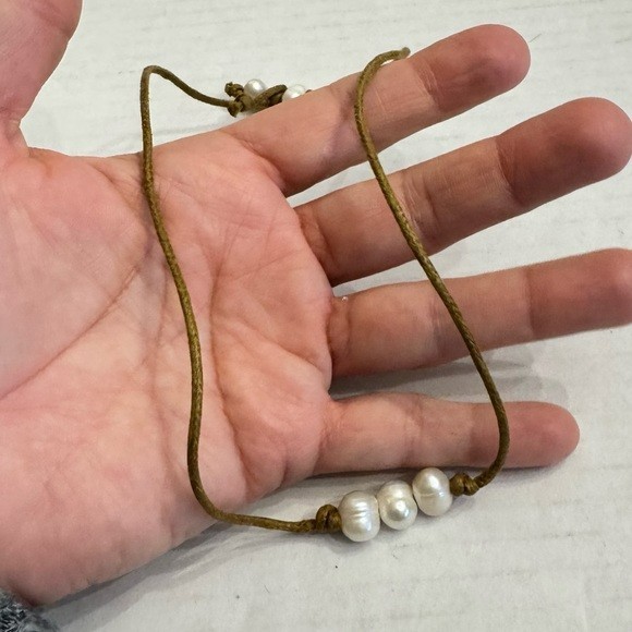 Natural Genuine Freshwater Pearls & Brown Leather Cord Necklace 18”