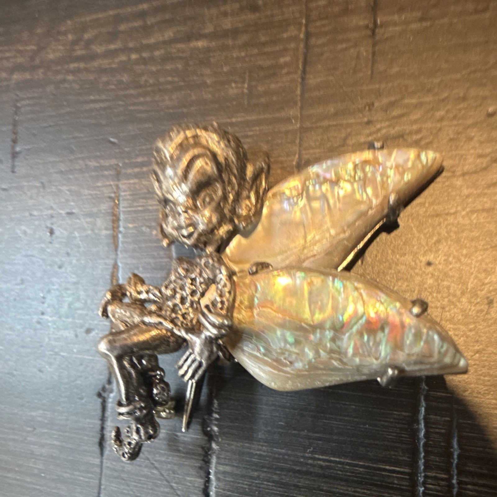Vintage Cyvra Pixie Fairy Paua Shell & Sterling Silver Brooch Pin 2 inch x 4inch