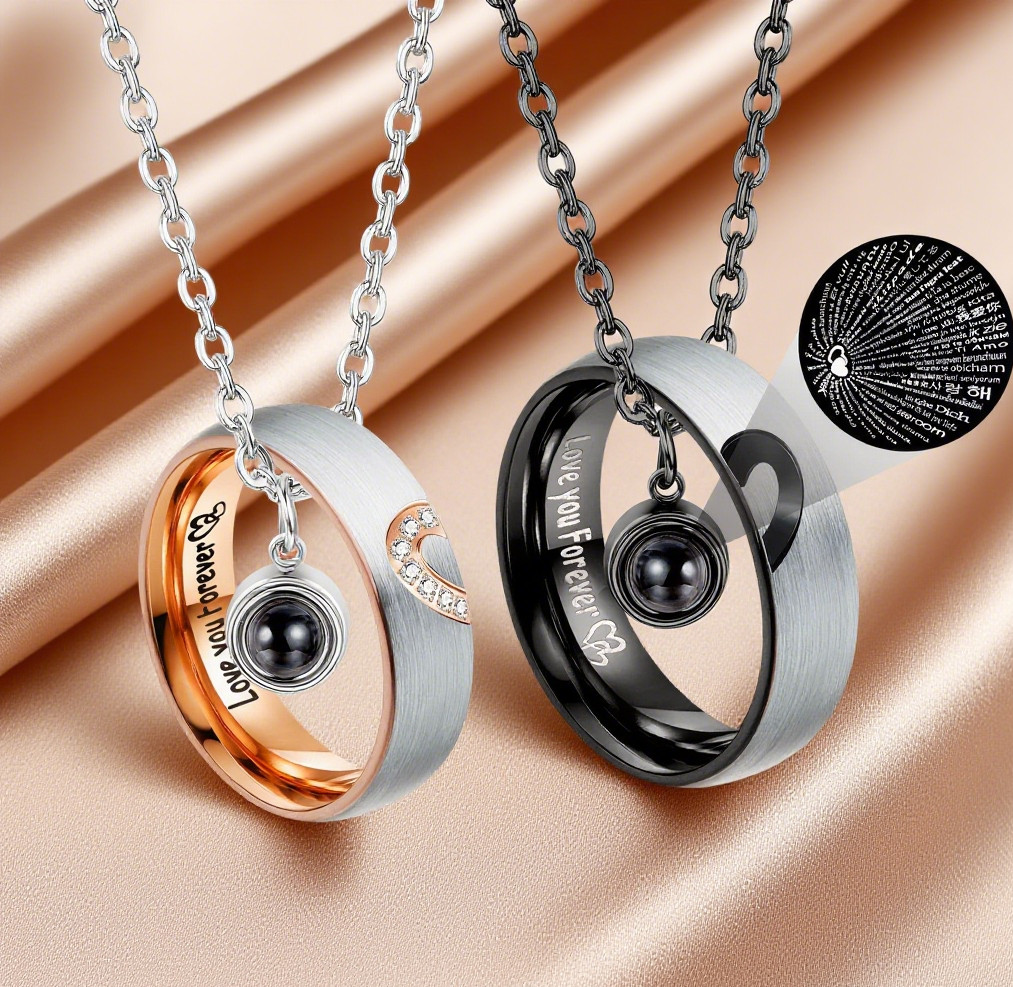 Stainless Steel Promise Couple Ring Pendant Necklace I LOVE YOU 100 Languages
