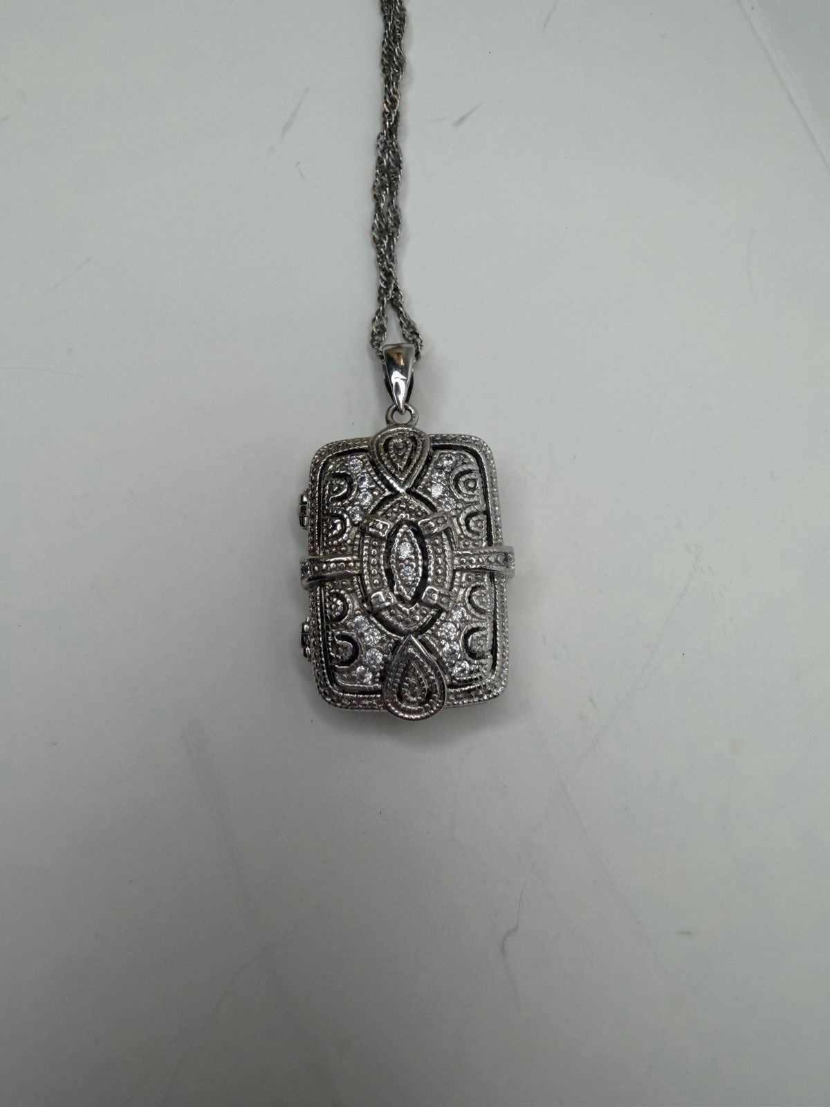 925 Sterling Silver rectangle locket pendant with 16in 18K GP Silver Rope Chain