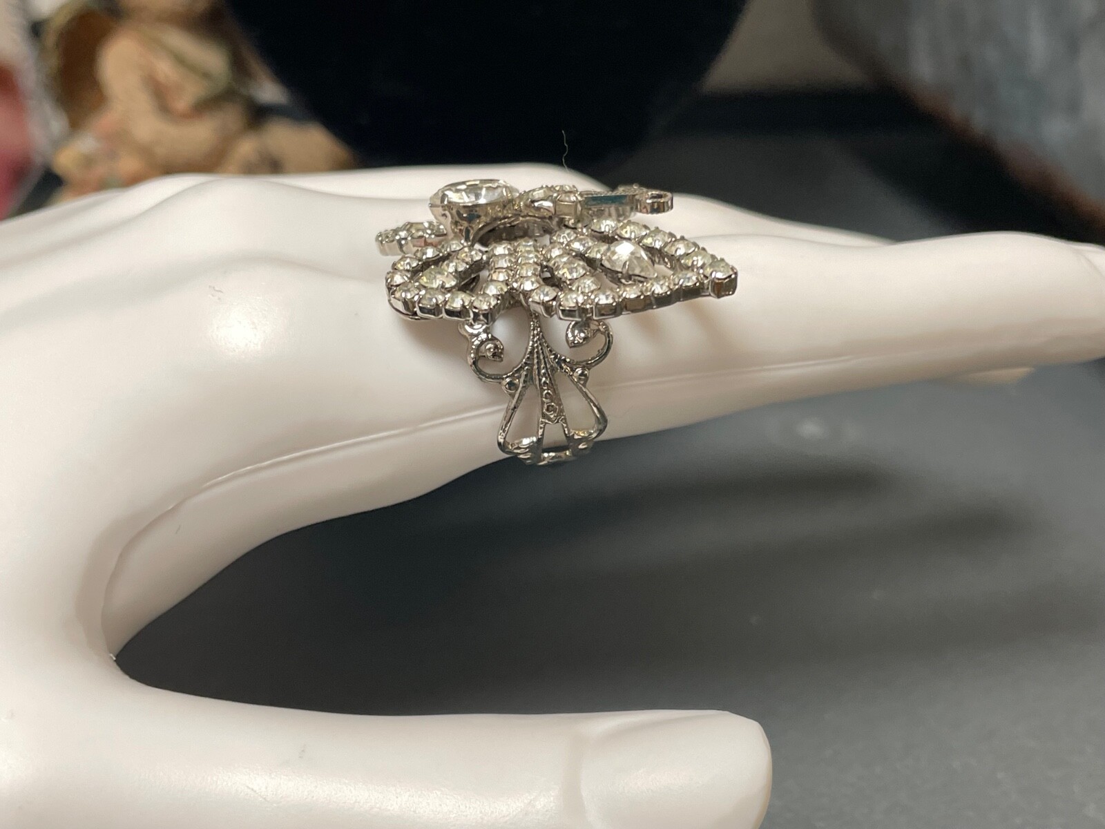 Signed Tiara Misu butterfly Ring Silver Toneotnate filigree 6 7 8 9 rhinestone