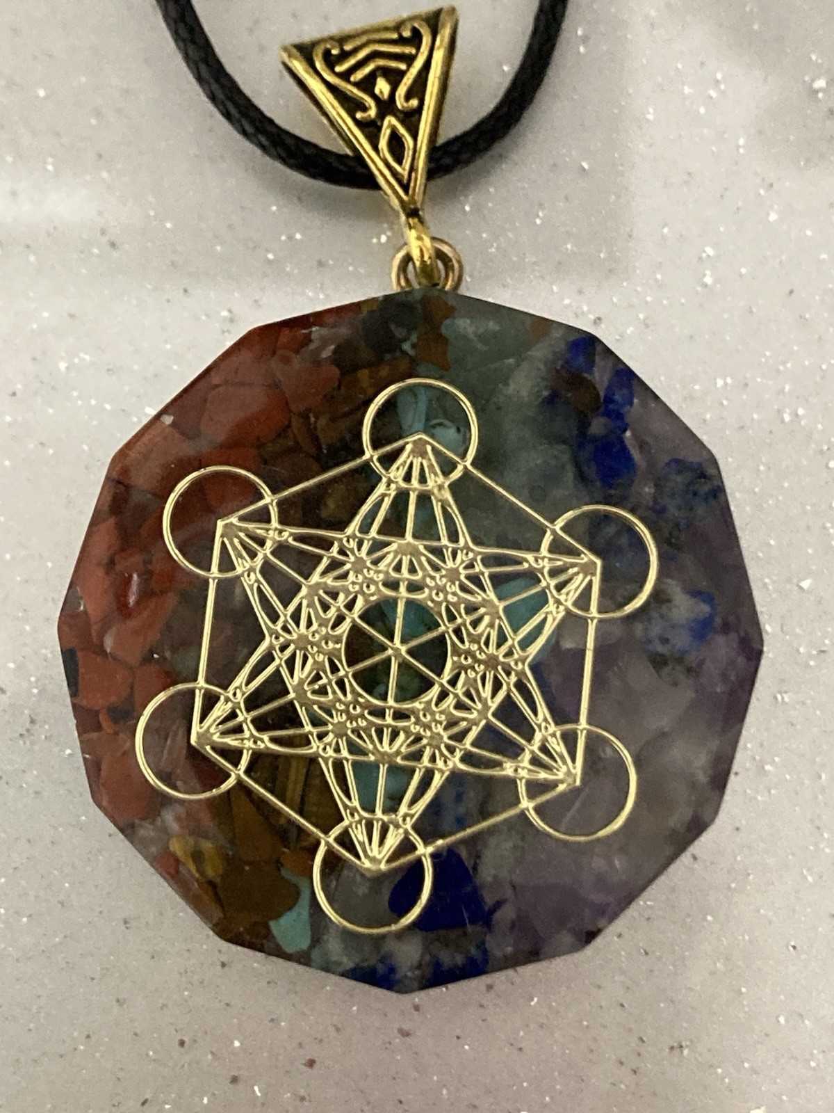 Metatrons Cube Chakra Round Amulet Natural Stones Resin Brass Bail