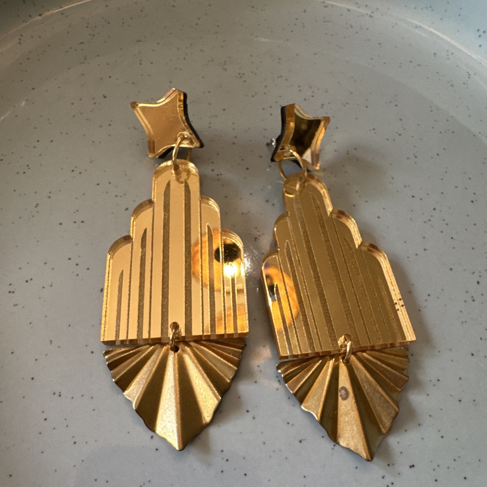 Gold Tone Art Deco Star Top Fan Dangle/Drop Earrings, Butterfly, No Stone