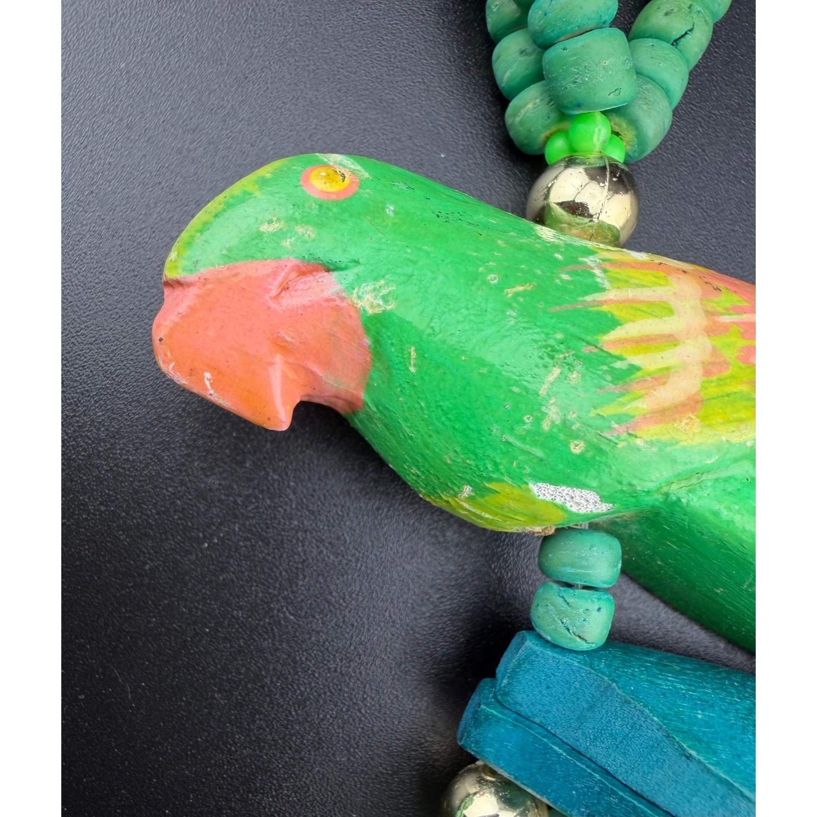 Parrot Wood Beaded 26 Inch Necklace Green Tropical Island Bird Statement Vintage