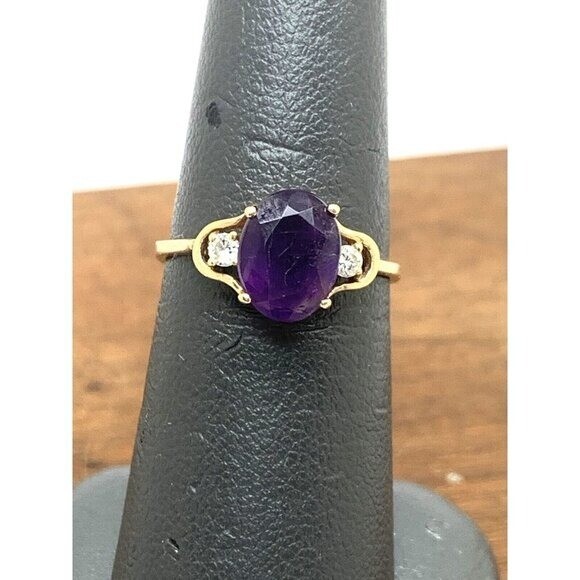 Purple Gemstone Diamond Cocktail Ring 14k Yellow Gold Women’s Estate Size 6.5