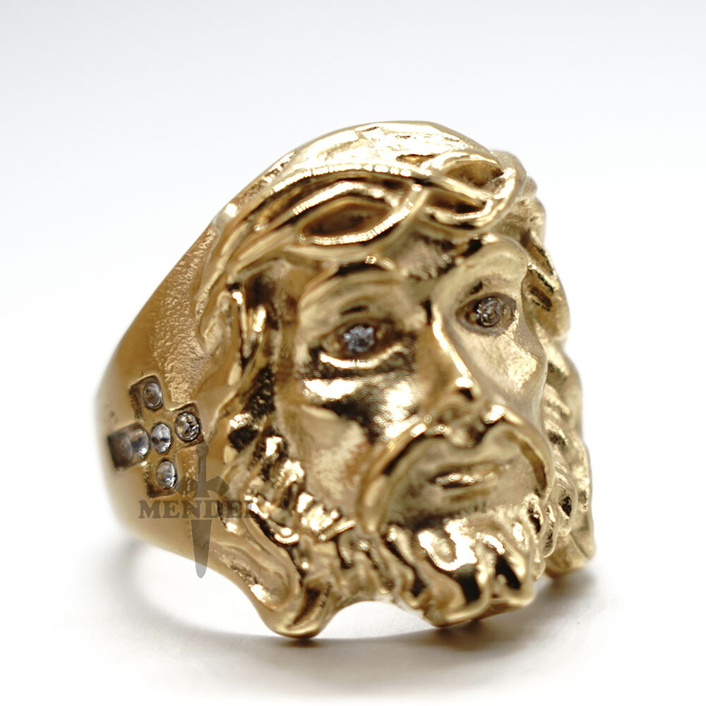 MENDEL Mens Gold Plated Cross Jesus Christ Face Ring Stainless Steel Size 7-15