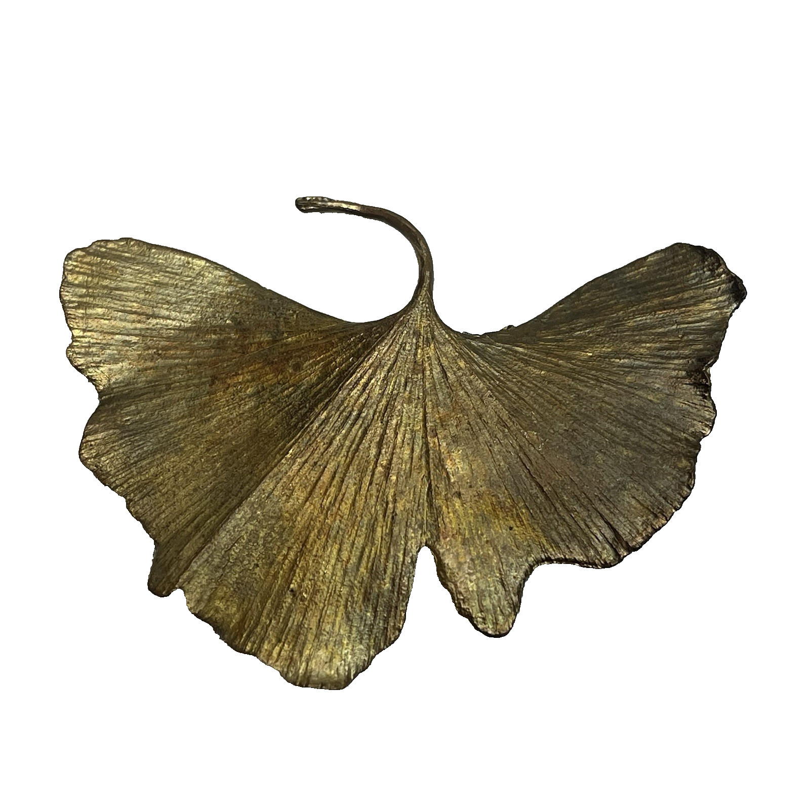 Botanical Metal Ginkgo Leaf Brooch Pin Artisan Textured Metallic Finish Unsigned