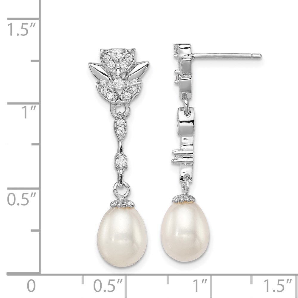 36mm 925 Silver Clear CZ & 8-9mm White Freshwater Cultured Pearl Dangle Earrings