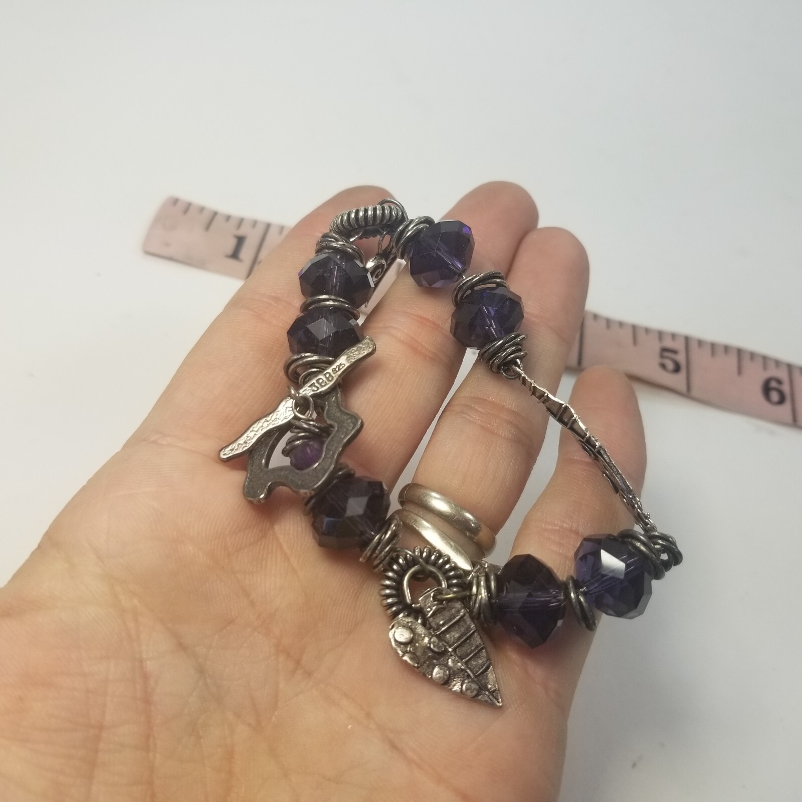 JBB Joshua Benbassat Sterling Silver Art Purple Bead Charm Bracelet with Charms