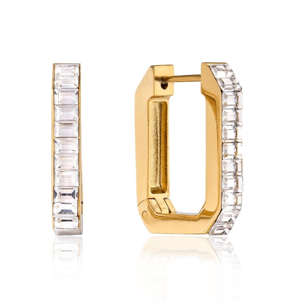 Stainless Steel Rectangle Huggie Hoop Earring Channel Set CZ Silver Gold
