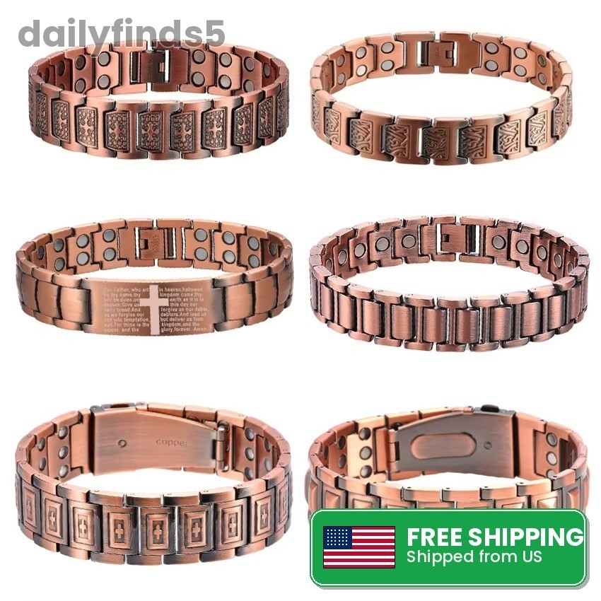 100% Pure Copper Energy Chain Bracelet Magnets Cross Crucifix Therapy Health