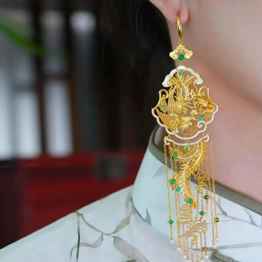 Gold Tone Phoenix Tassel Earrings Chinese Style Peony Flower Vintage Jewelry