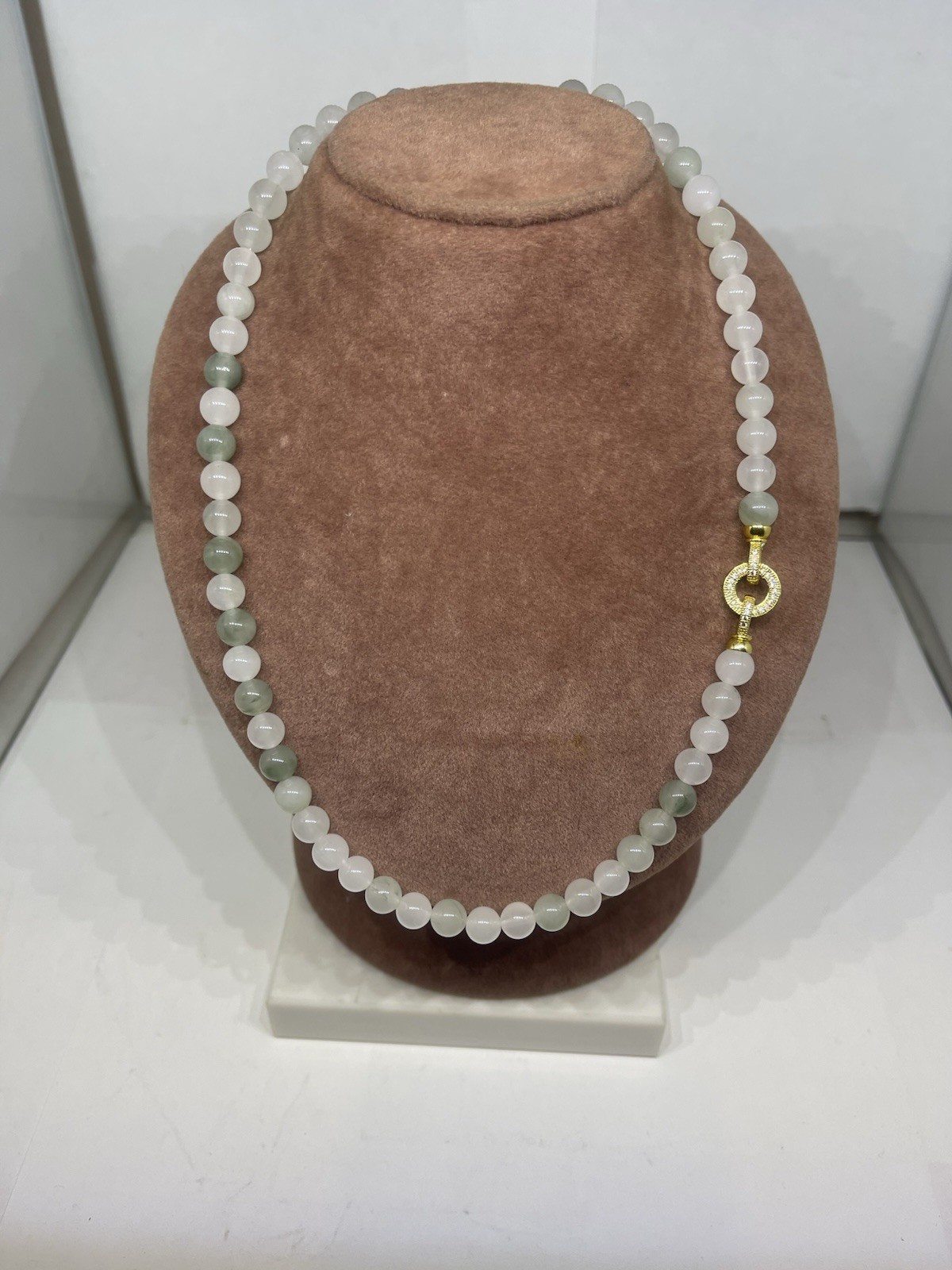 8mm Light Green Jade 19inches In Length With Gold Plated Stylish Lock