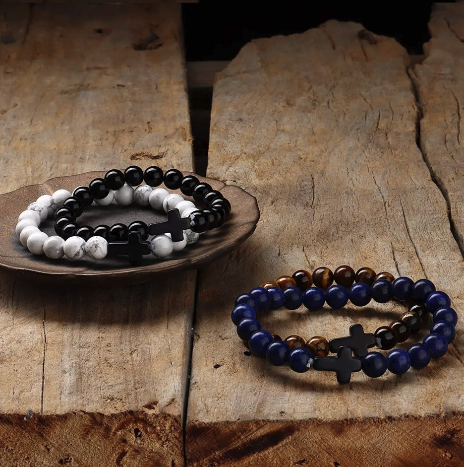 1pc Natural Stone & Wood Bead Prayer Bracelet with Cross – NEW