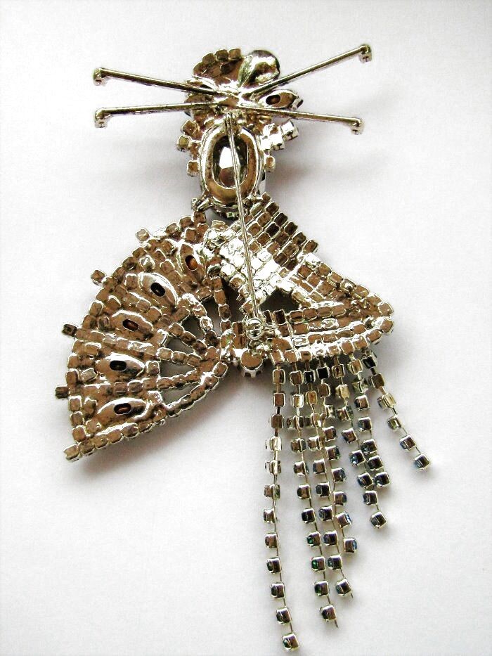 BEAUTIFUL Large Rhinestone Geisha Asian Fringe Kimono Fan Movement Brooch Pin