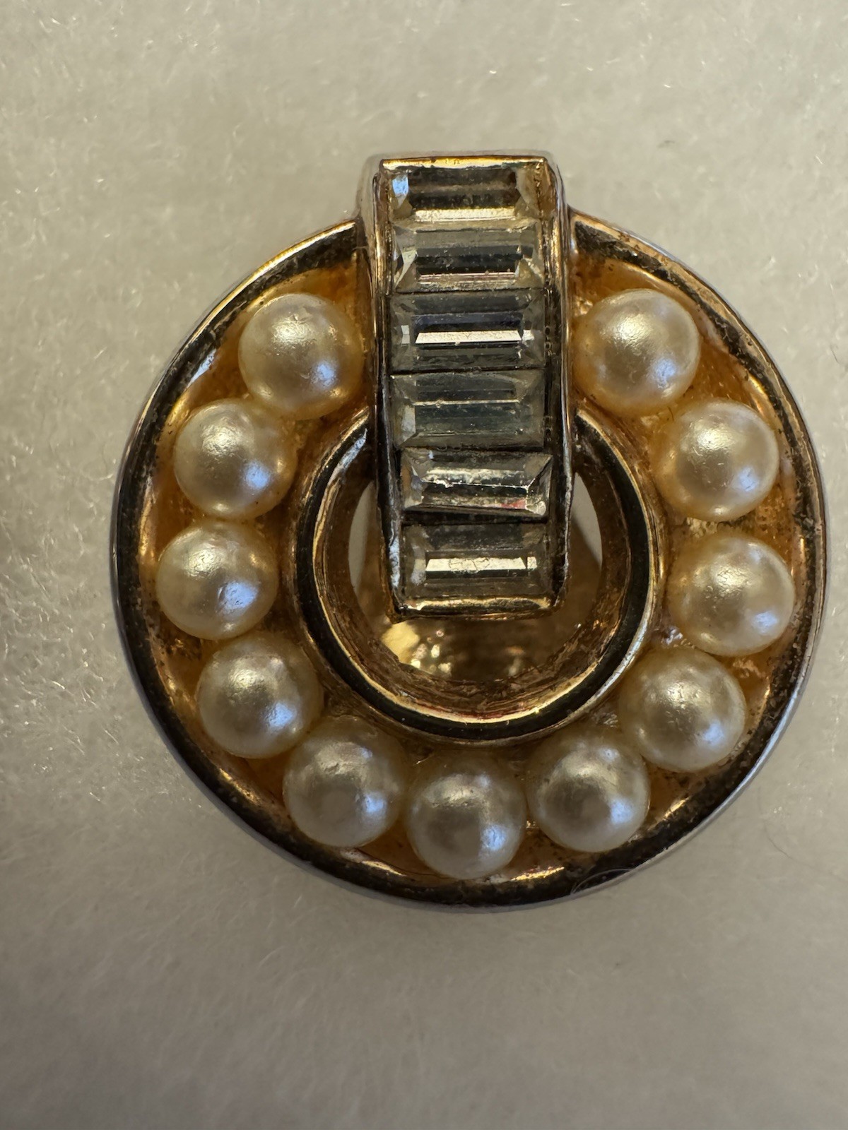 Vintage Crown Trifari Faux Pearl Baguette Rhinestone Clip On Earrings Gold Tone