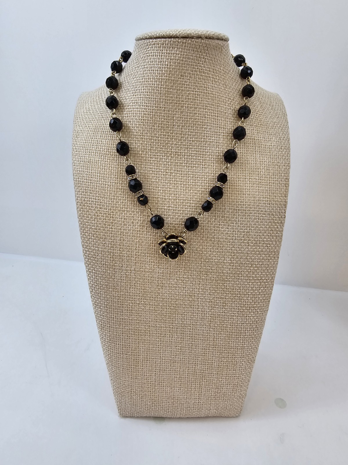 Gold Filled Beaded Black Collar Black and Gold Choker Necklace With Flower