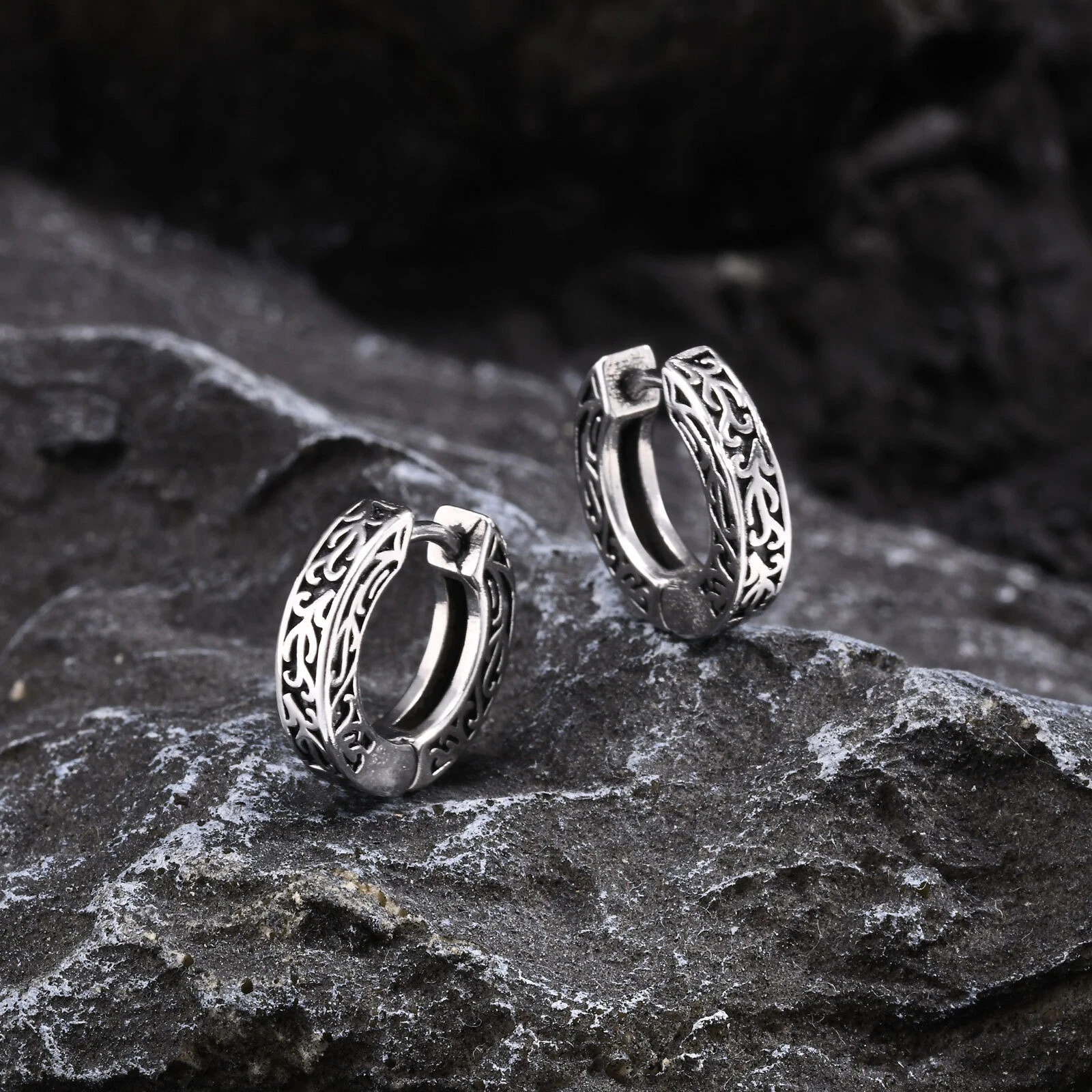 Silver Totem Hoop Huggie Earrings Men Teens Rock Punk Jewelry