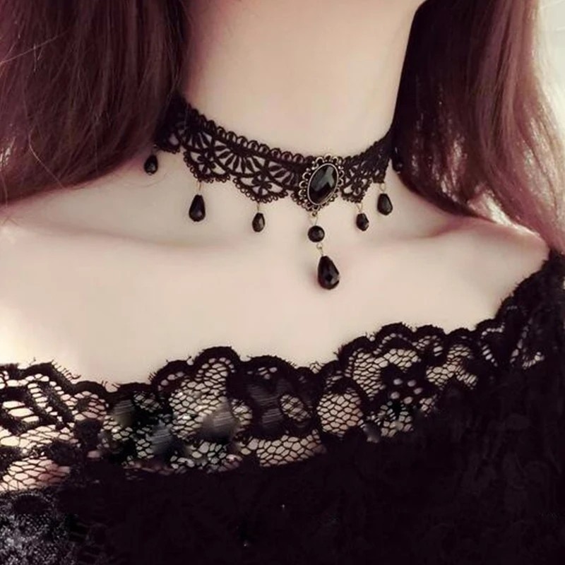 Gothic Black Lace Necklace Collar Choker Retro Vintage Chain, Vampire Halloween
