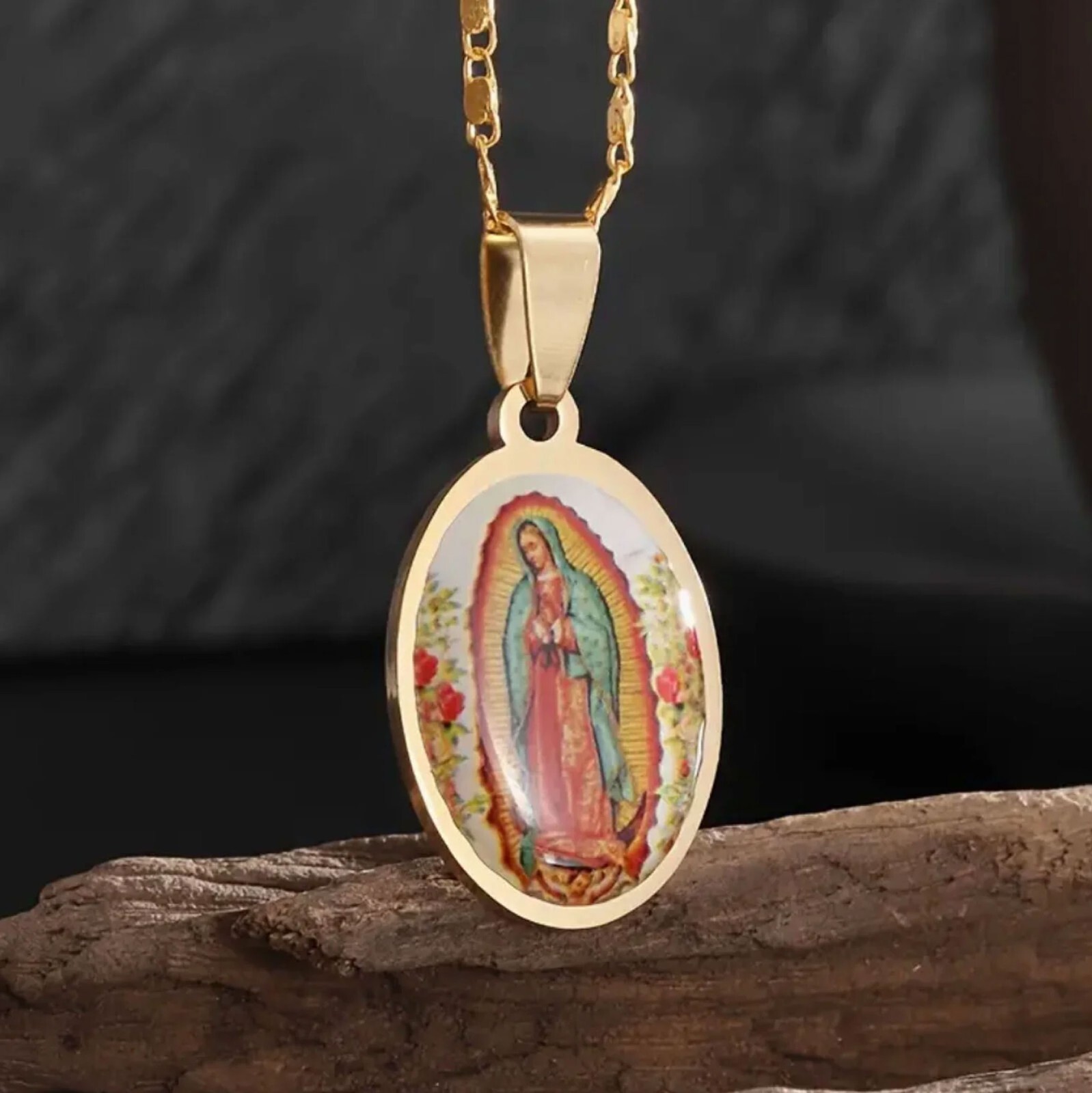 Vintage Golden Virgin Mary Oval Pendant Necklace, Gift for Religious Believers