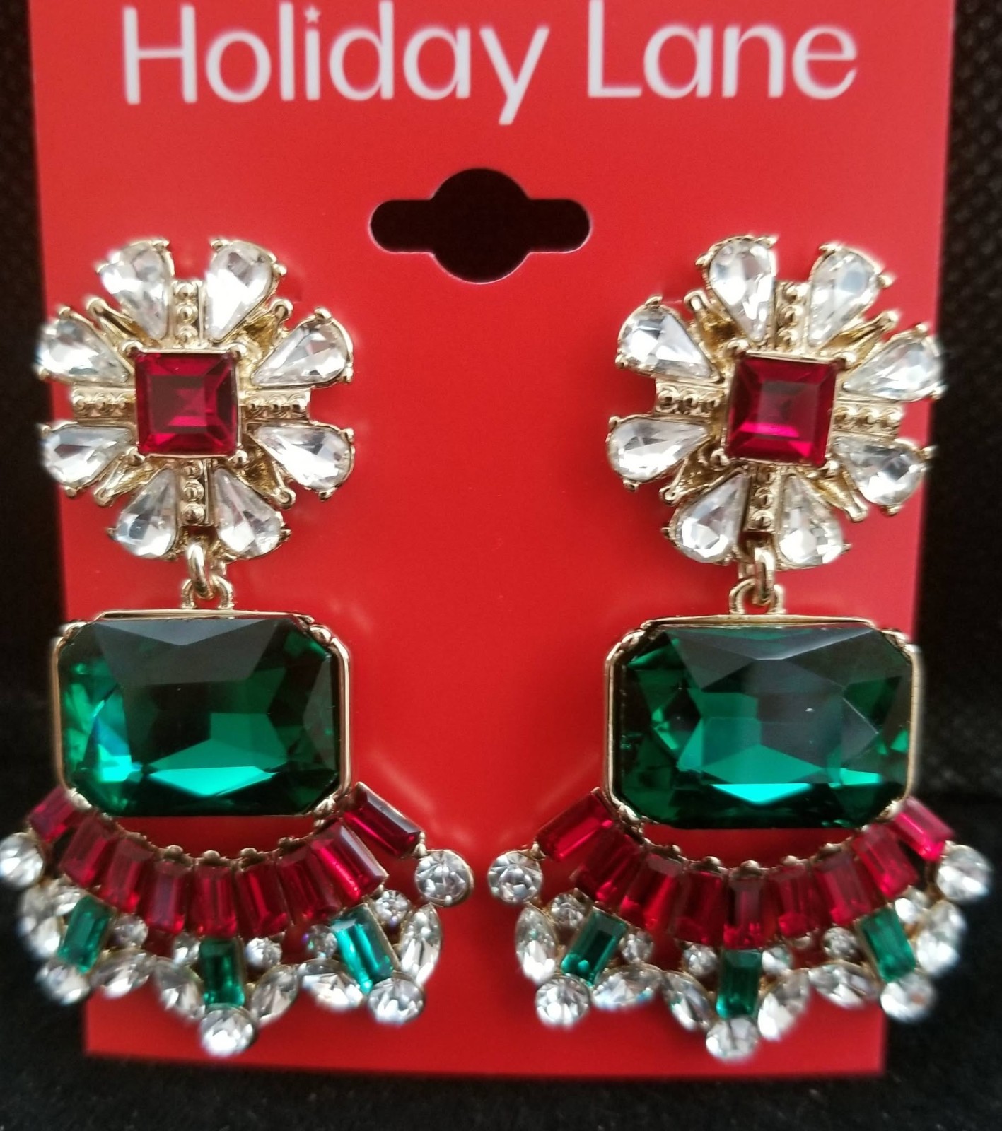 LADIES CHRISTMAS HOLIDAY LANE RED GREEN CLEAR RHINESTONE STUD EARRINGS