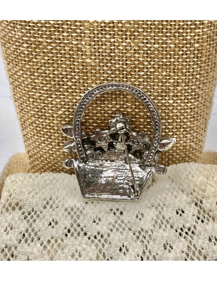 Vintage Flower Basket Rhinestone Cluster Bouquet Silver Tone Brooch Pin