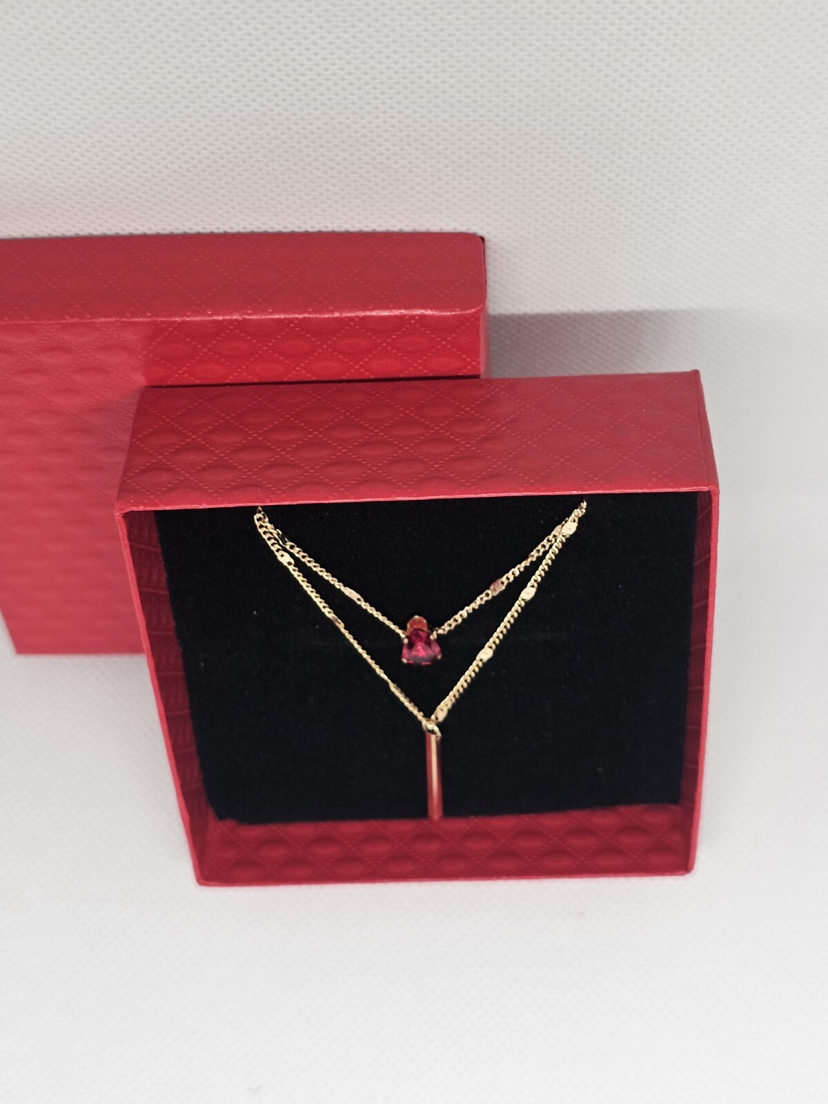Everyday wear casual ladies Y-drop necklace jewellery red stone gold gift box