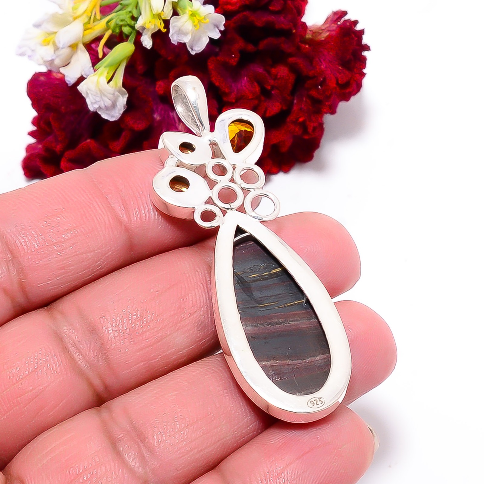 Iron Tiger Eye – South Africa & Citrine 925 Sterling Silver Pendant 2.34″ P11