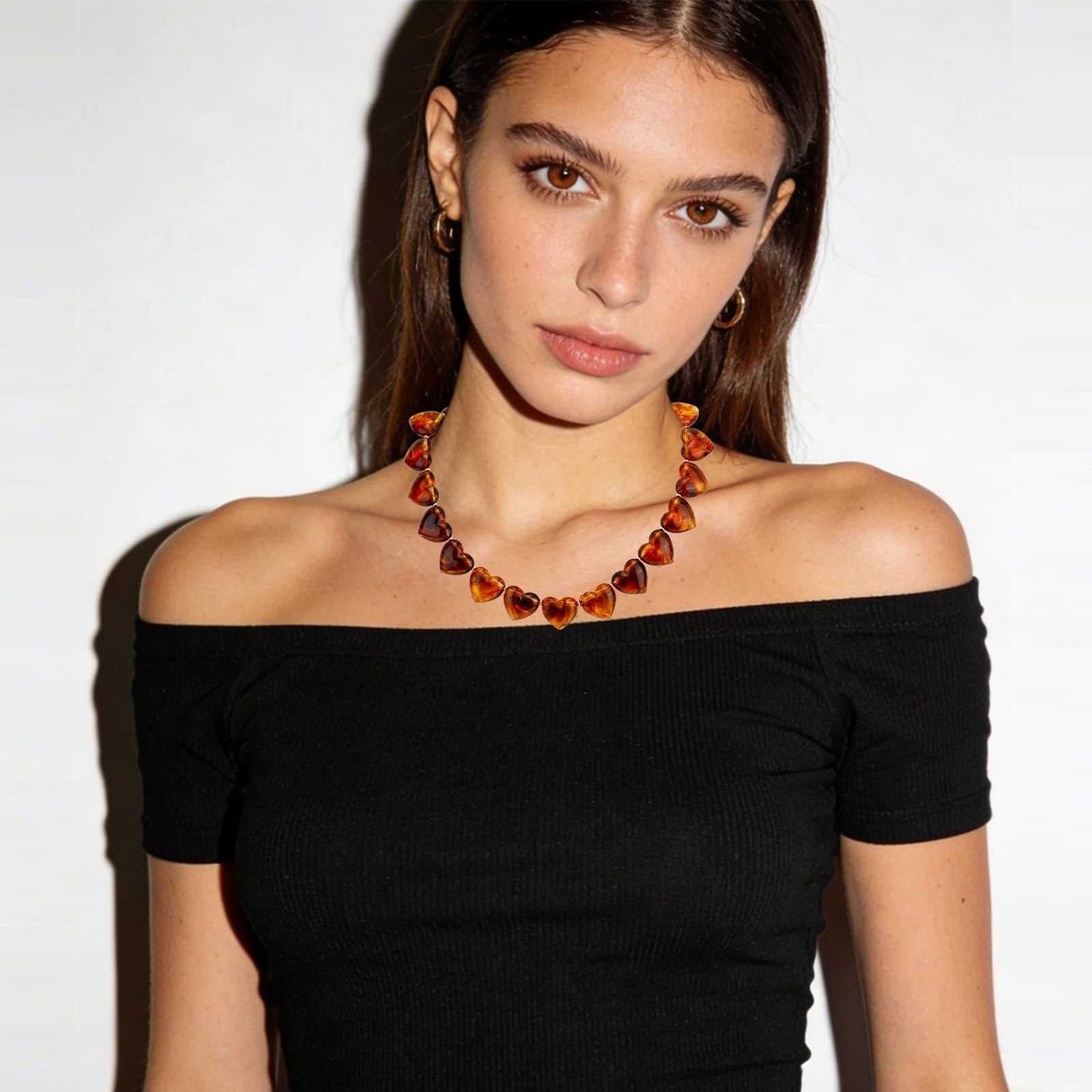 Mikovivi Chunky Heart Choker Necklace for Women, Amber Medium, amber color