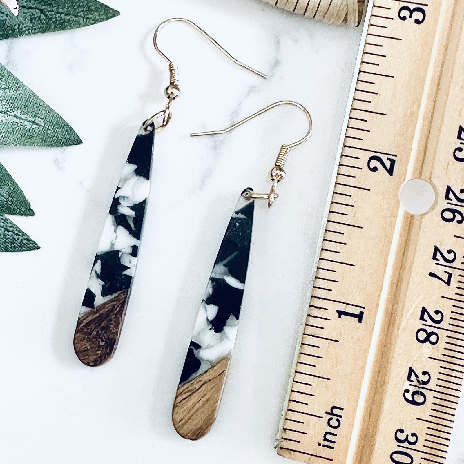 Black & White Cloud Resin & Wood Earrings Boho Bohemian NEW Teardrop US SELLER