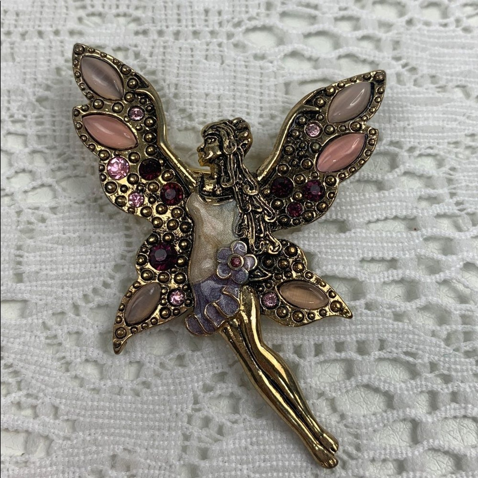 Vintage Gold and Pink Fairy Brooch Pin with gems