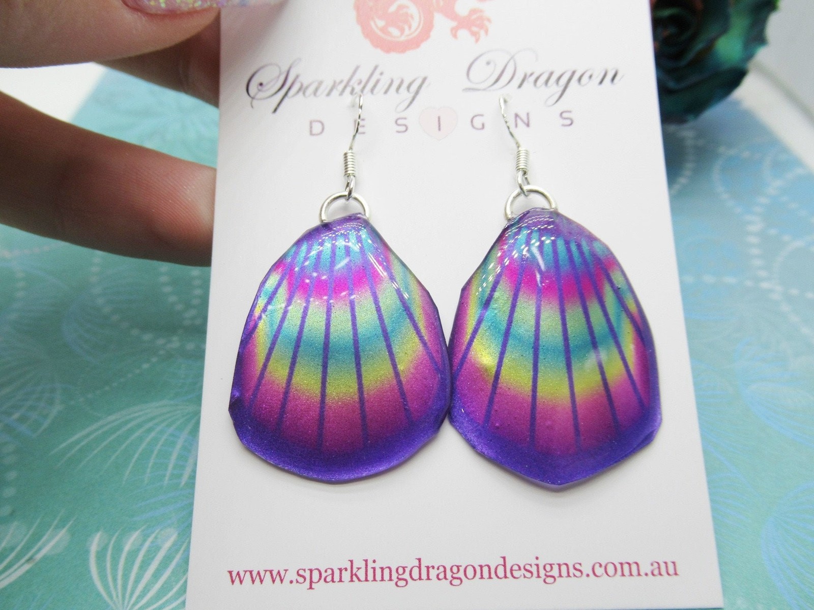 Butterfly Wing Earrings Blue & Rainbow Lines- Fairy Jewellery, Fun Gift for her