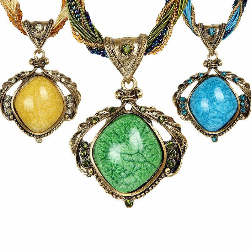 Women Lady Retro Bohemian Turquoise Rhinestone Pendant Collar Chain Necklace US