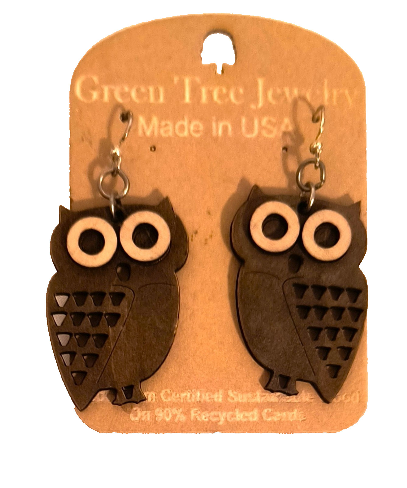 New with Tags Green Tea Jewelry Earrings Laser Cut Brown/Beige Owls Hook Closure