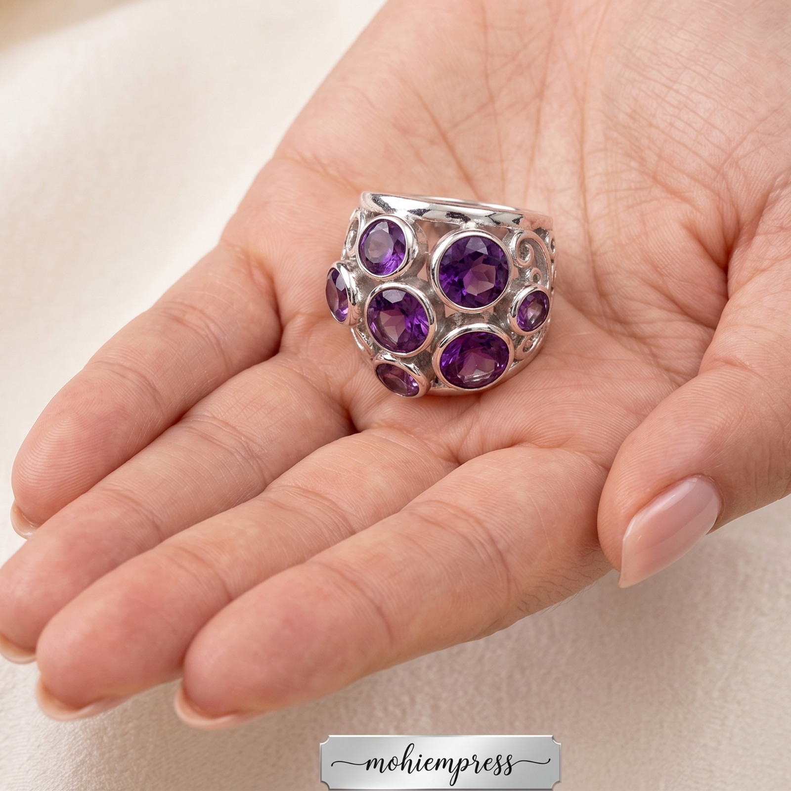 925 Sterling Silver Multi-Stone Natural Amethyst Statement Ring