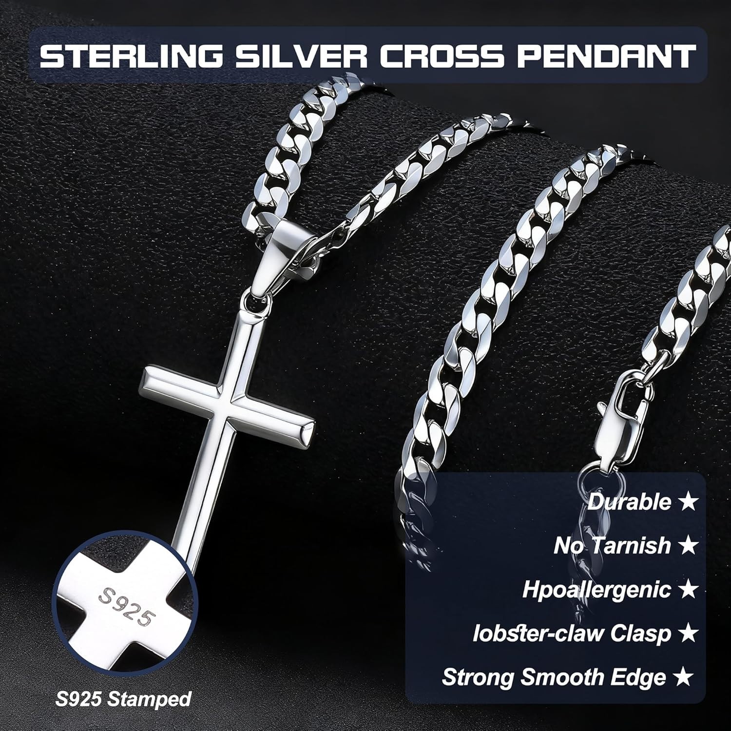 Elegant Beveled Edge Sterling Silver Cross Necklace – Adjustable 16-30 Inches