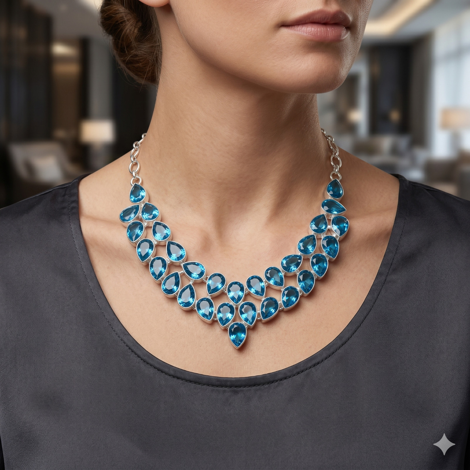 Silver Plated Genuine Blue Topaz Hook Chain Channel Set Wedding Necklace Jewelry