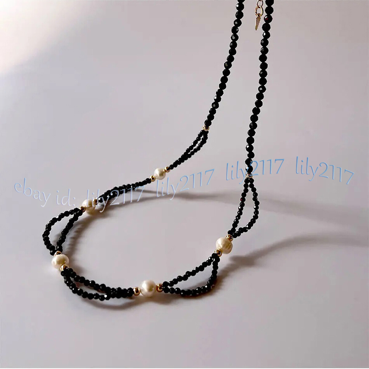 3mm Faceted Black Spinel Gems Beads Natural White Freshwater Pearl Necklace 18”